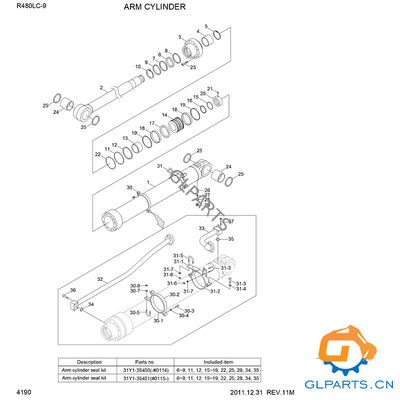 R480LC-9 Arm Cylinder Assy 31QB-50130 Hyundai Excavator Parts