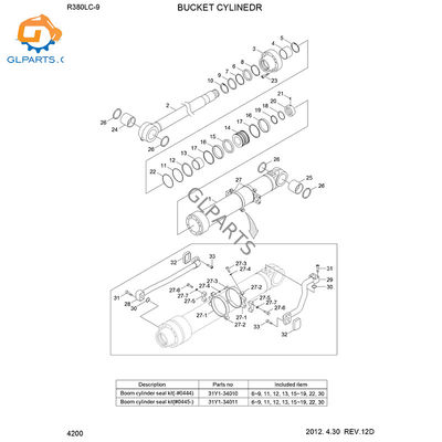 31Y1-33881 31QA-60110 31QA-60111 31Y1-33880 Bucket Hydraulic Cylinder Assy For R430LC-9S R380LC-9 R800LC-9
